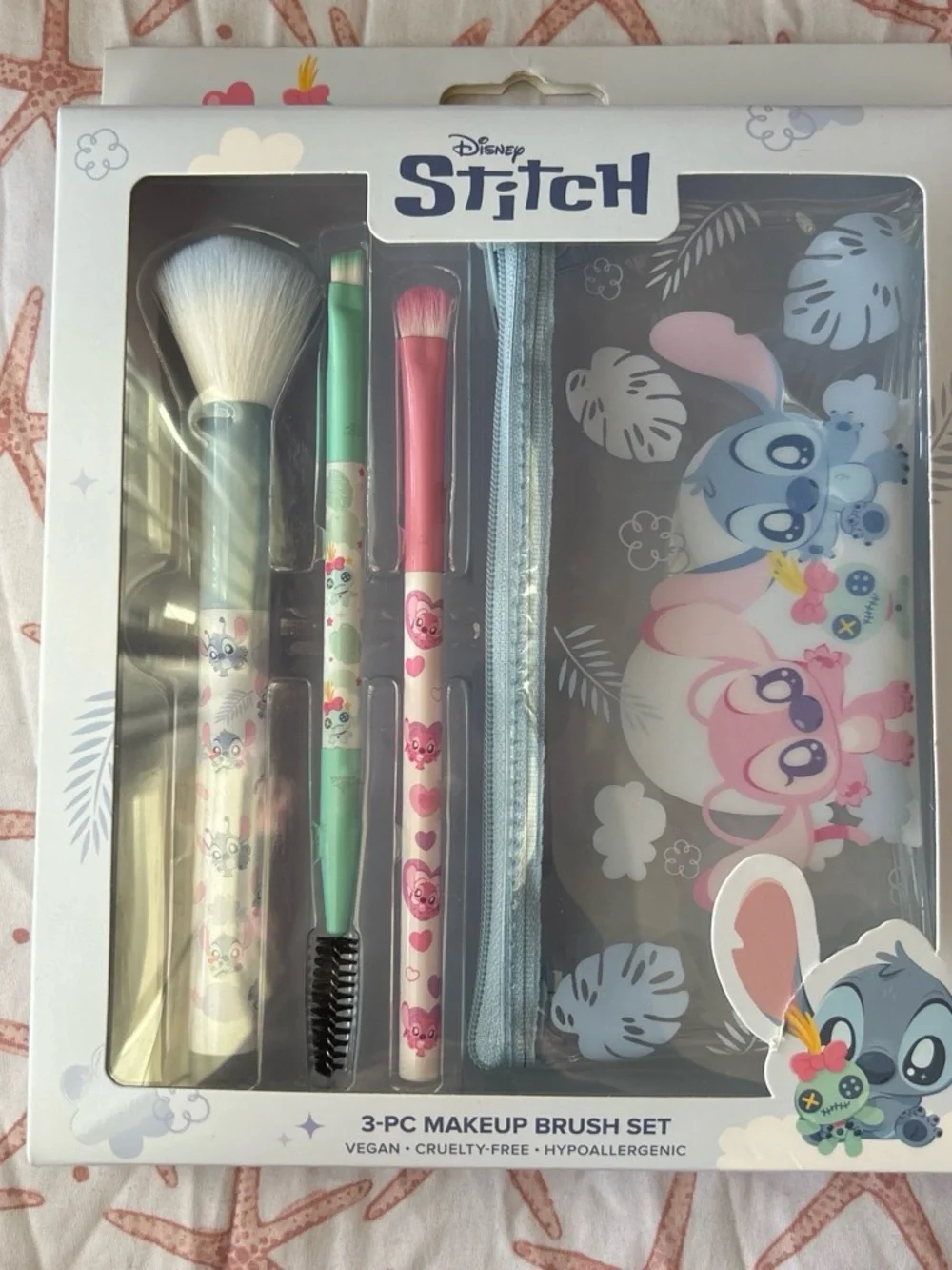 Disney Stitch 3- Piece Makeup Brush Set- Pink,Blue, and Green